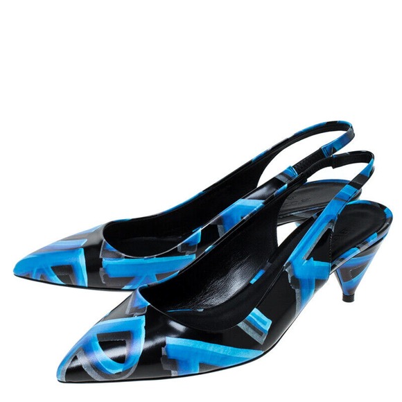 NIB BURBERRY MORSON BLACK LEATHER GRAFFITI LOGO PRINT KITTEN SANDALS PUMPS 39 - Picture 1 of 12